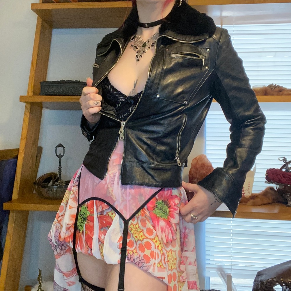 Goth Vera Pelle Italian Vintage Leather Biker Jacket With Fur Collar